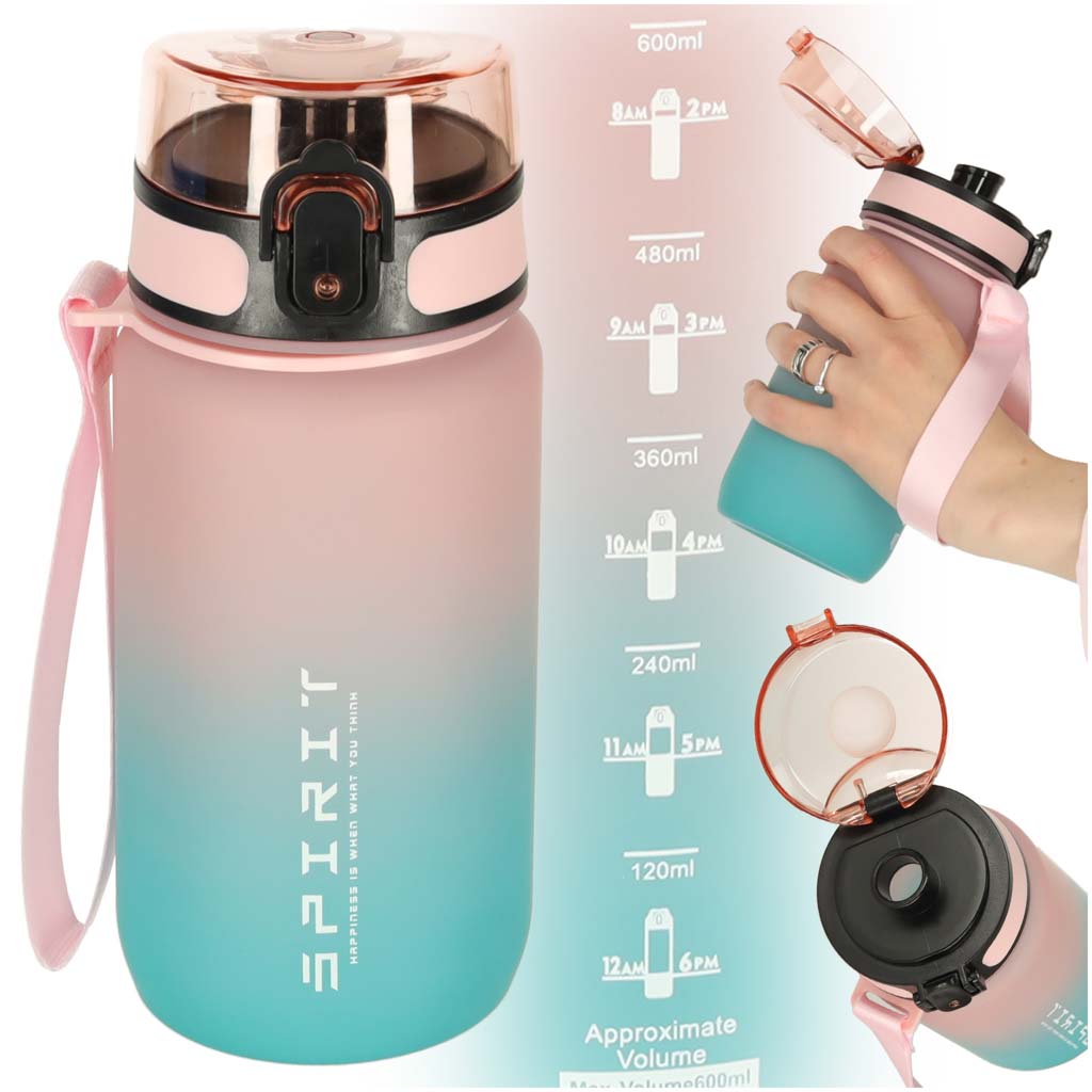 600 ml ūdens pudele ar sporta uzgali, rozā un zila
