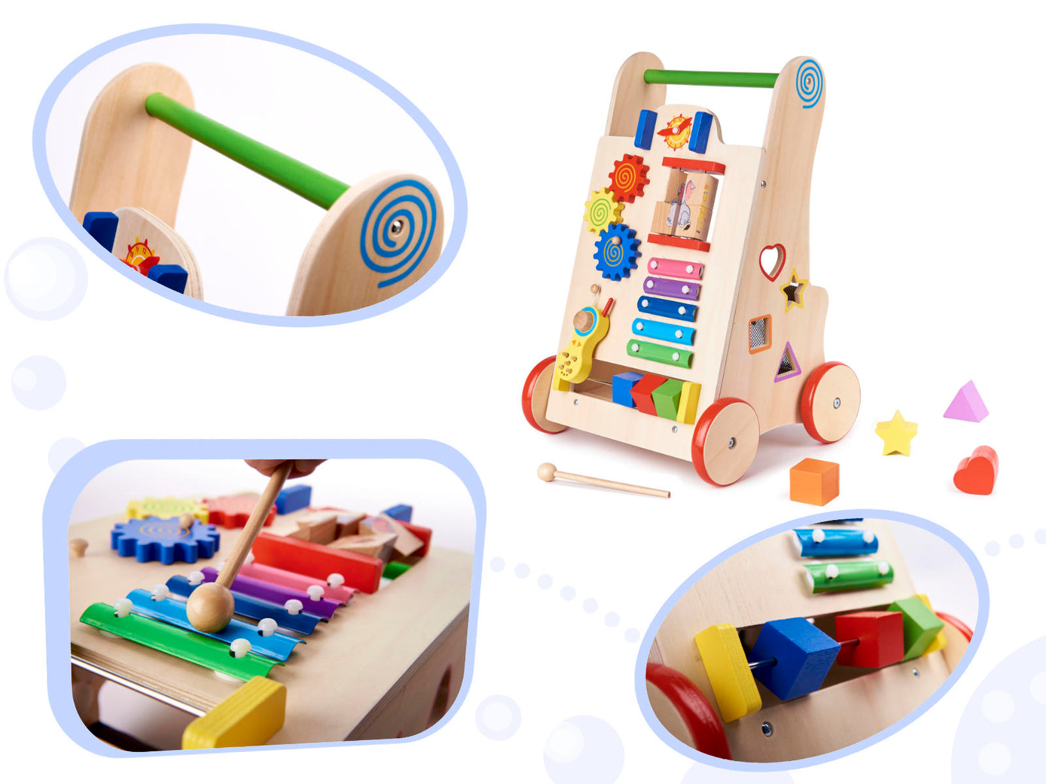 Koka aktivitāšu stumjamā rotaļlieta 6in1