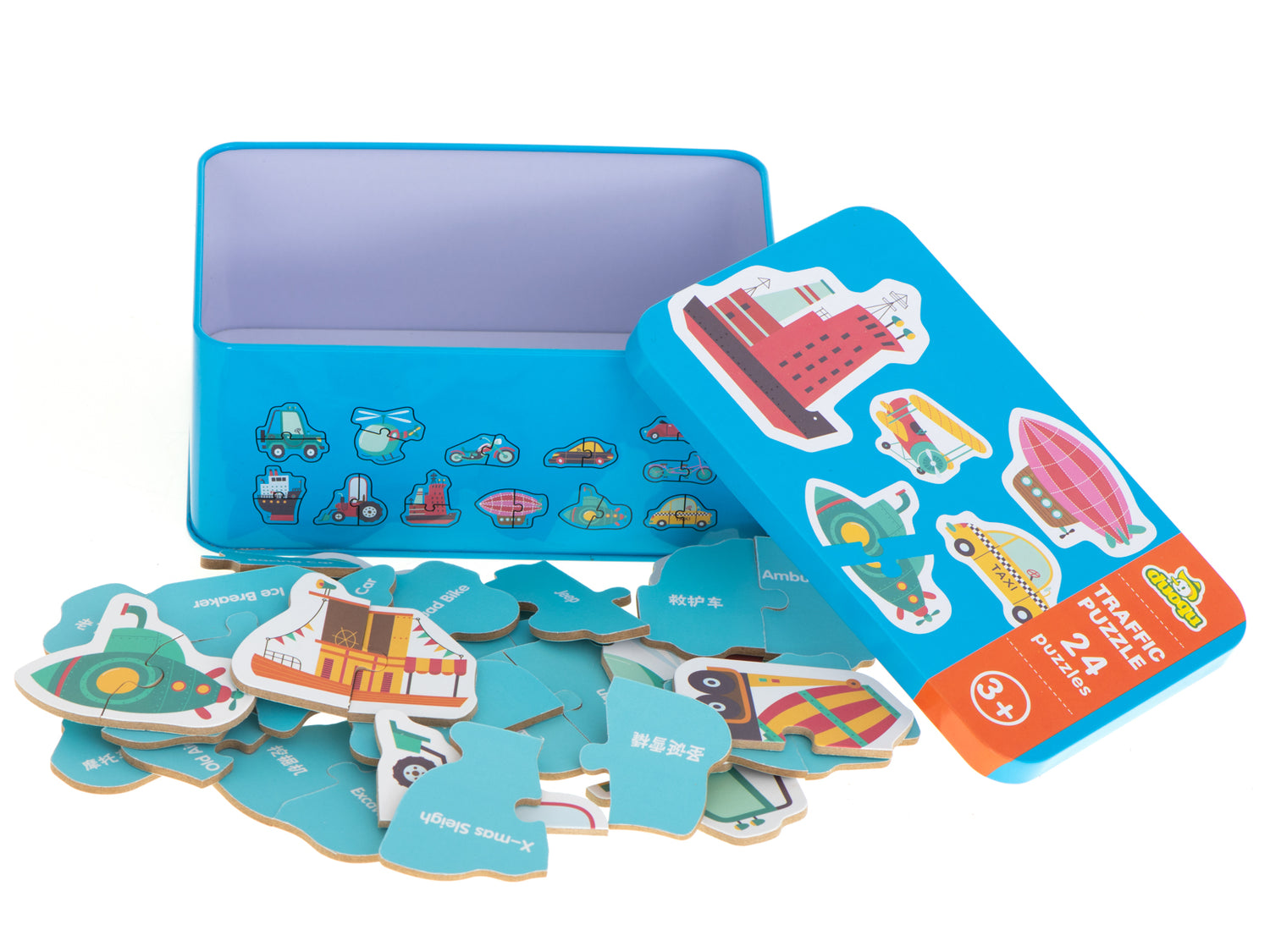 24 transportlīdzekļu puzles metāla kārbā, katra no 2 gab.