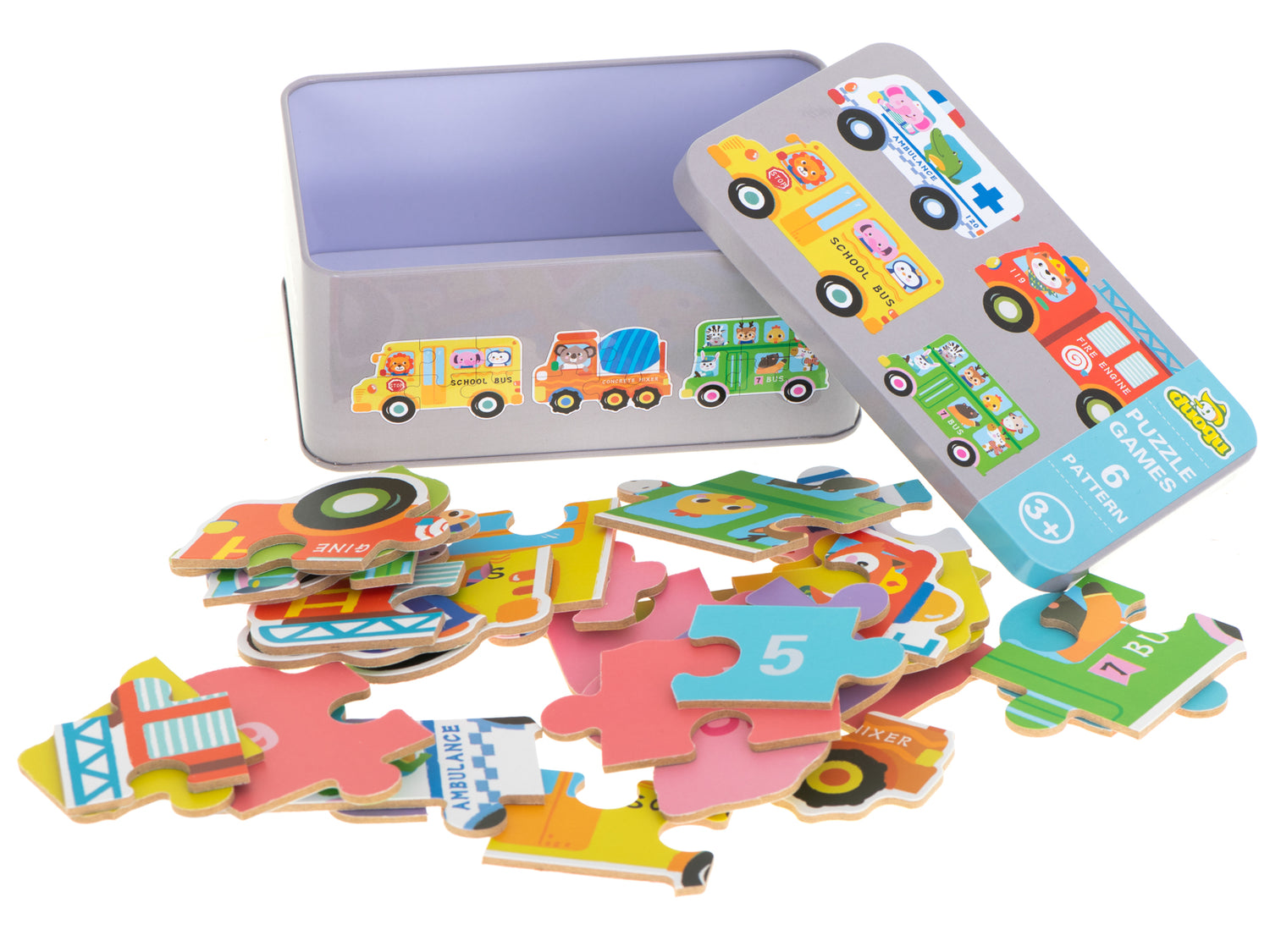 Puzle metāla kārbā, 6 transportlīdzekļi, katrs no 3-6 gabaliņiem