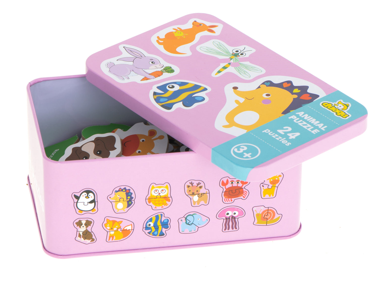 24 dzīvnieku puzles metāla kārbiņā, katrs no 2 gab.
