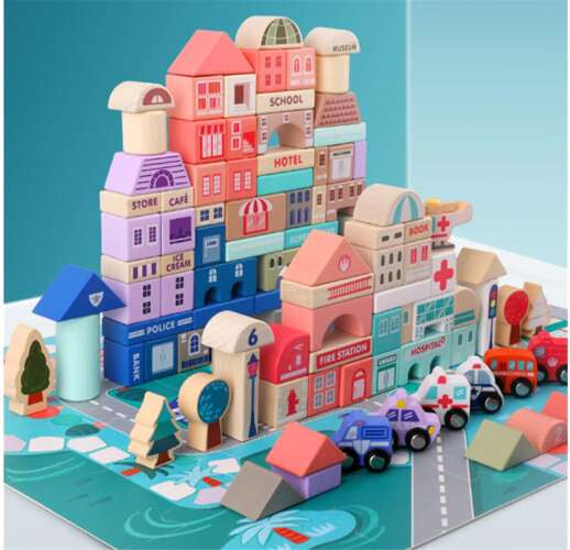 Koka klucīši (115 gab.) + grīdas puzle "Pilsēta"