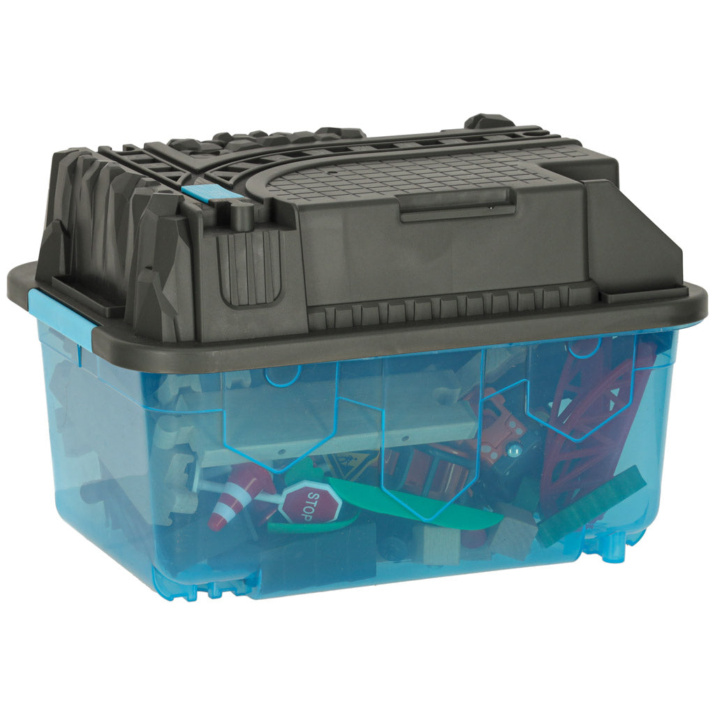 Koka vilciena trase ar aksesuāriem un uzglabāšanas kasti