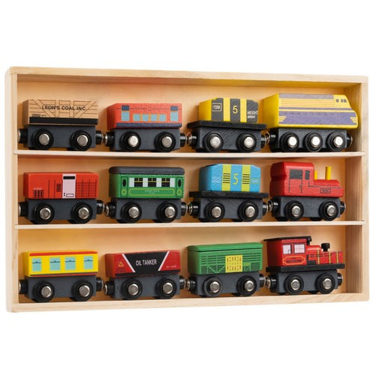 Koka vilcieniņš, 9 vagoni un 3 lokomotīves, koka kastē