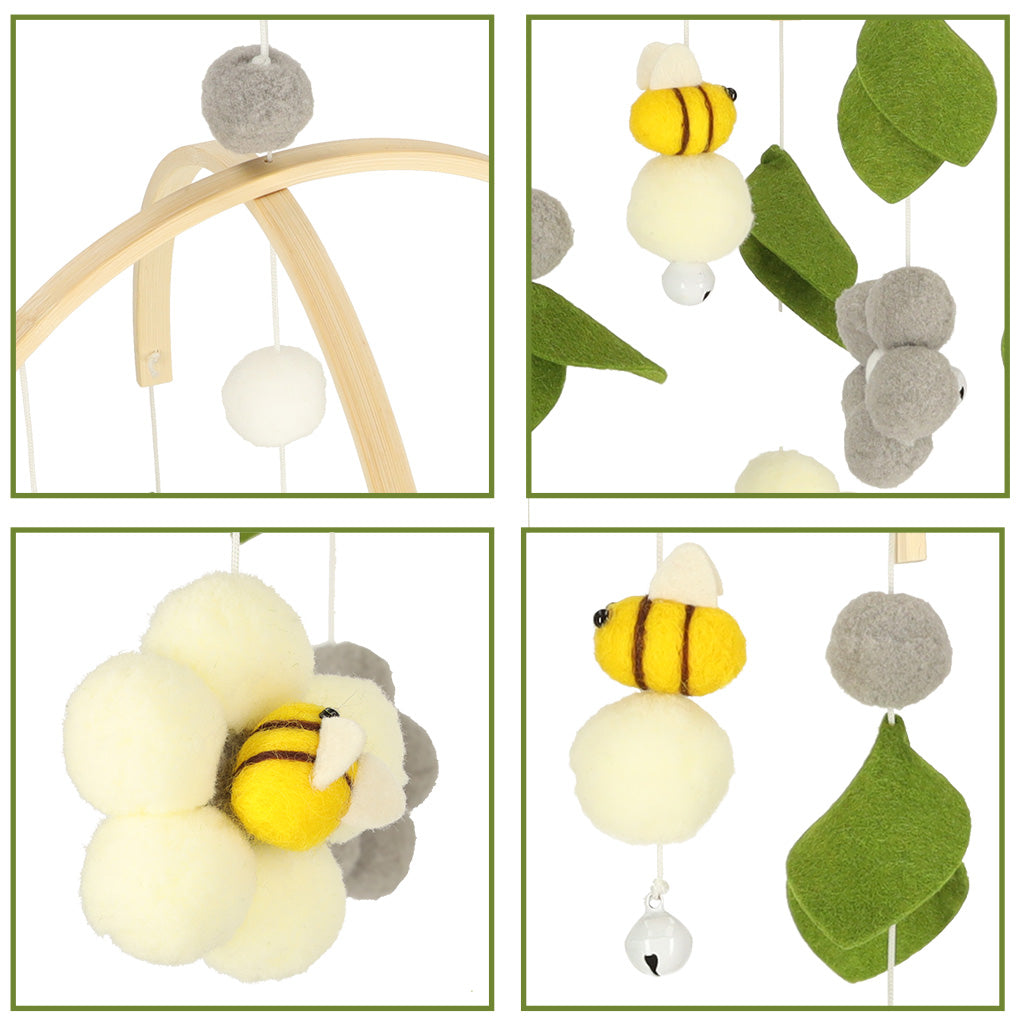 Plīša piekarināmā rotaļlieta, karuselis, pelēki ziedi un bitītes