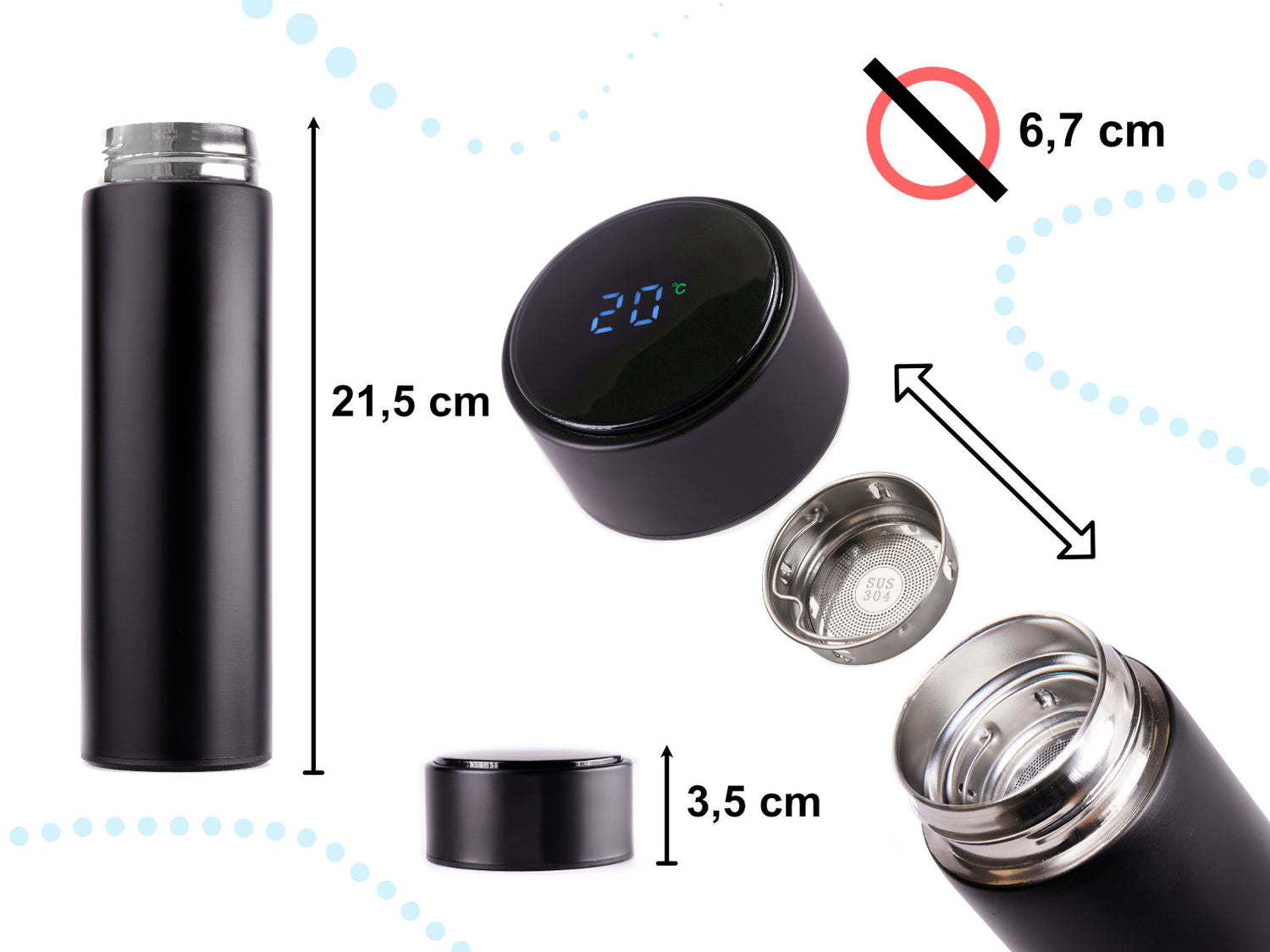 Termokrūze termoss smart LED 500ml, melns