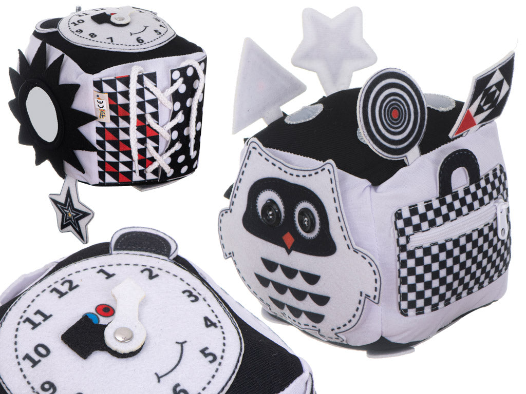 Izglītojošs sensorais kubs zīdainim, melnbalts