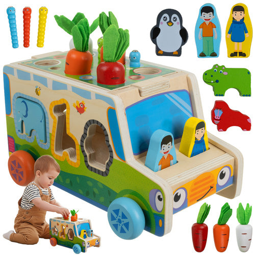 Koka auto-šķirotājs ar klučiem un burkāniem