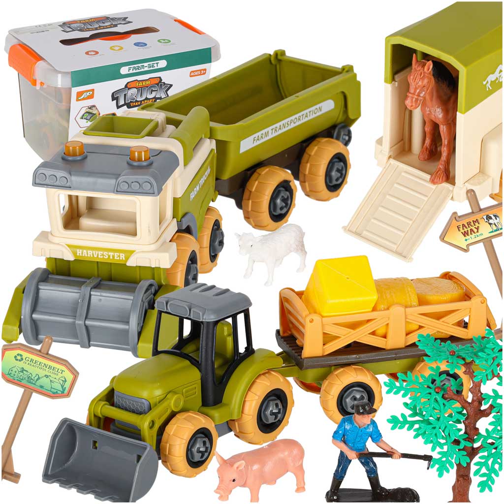 Lielais fermas komplekts, atskrūvējams traktors+dzīvnieki u.c.