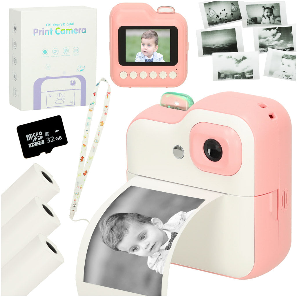 Bērnu momentfoto kamera ar Fun Print, 32 GB karti, rozā