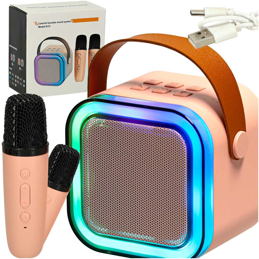 Karaoke skaļrunis ar 2 mikrofonu komplektu, rozā